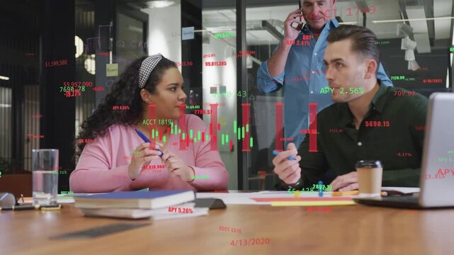 Seated pair gesturing, starting market analysis with charts over laptop, senior joining on phone