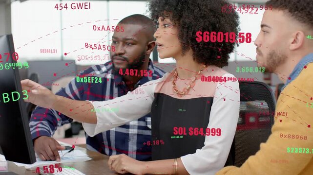 Team following woman pointing at monitor, causing crypto tickers marking price moves for analysis