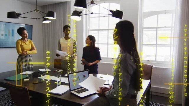 Business team meeting, woman shifting pages, lead pointing at chart, deciding under yellow overlay