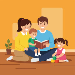 Obraz premium Family reading together on the floor with blocks