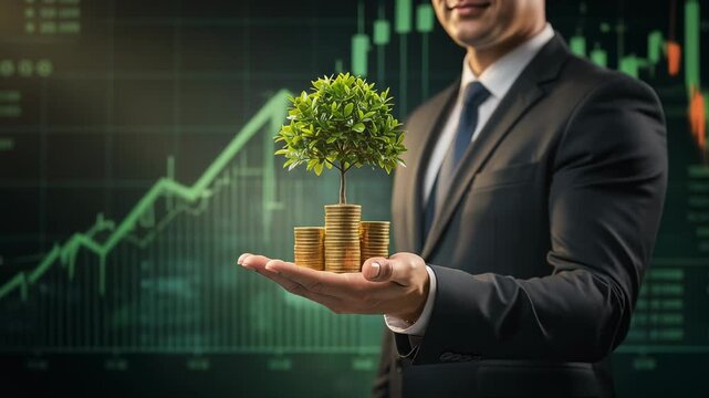 Businessman holding small tree growing from stacks of golden coins with financial growth chart background