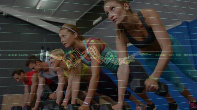 Fitness class performing bent-over rows in gym, initiating first pull while waveform tracking reps