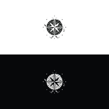 A distressed, grunge-style compass rose illustration is shown on both white and black backgrounds.