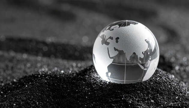 Crystal globe world map black sand macro reflection monochrome glass sphere resting dark sand, global concept, minimal