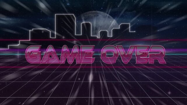 GAME OVER text moving from angled grid toward center, refining glow and settling retro gaming title