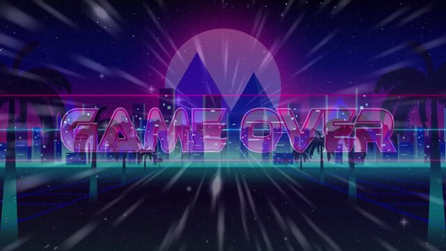 Radial sun beams pulsing, chrome neon GAME OVER title appearing, streaks falling, marking game end