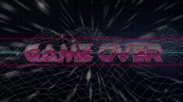 Gaming magenta GAME OVER appearing angled, aligning center, moving neon grid, marking game end
