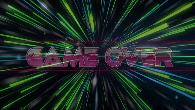 Centered neon GAME OVER text resolving from black void, radial streaks pulsing, signaling game end