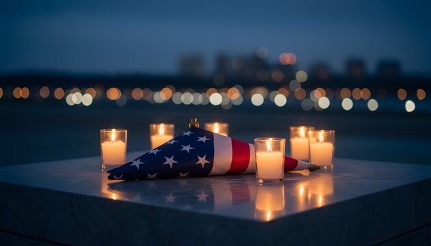 American flag and candlelight vigil at night on a marble surface with city bokeh for Memorial Day concept, honoring fallen soldiers with a somber tribute