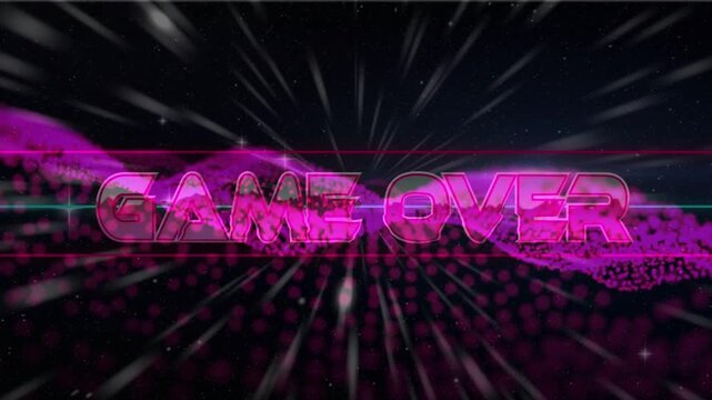 Magenta waveform appearing neon GAME OVER title filling glowing as scanline crossing announcing end