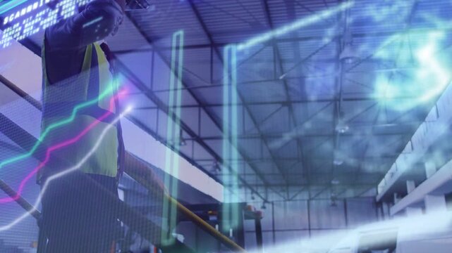 Warehouse technician raising handheld device to face, scanning inventory with holographic overlays