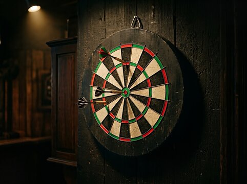 A classic dartboard in dimly lit room with three darts on target.