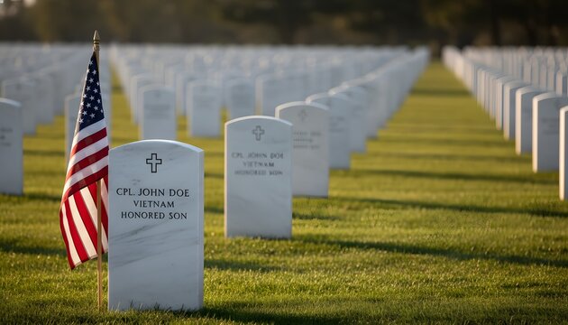 Rows of white headstones at a national cemetery with small flags on graves honoring fallen soldiers for a Memorial Day concept of remembrance and patriotic sacrifice