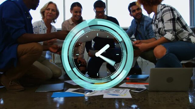 Creative team crouching, teal animated clock pulsing, spurring checking, sorting and tossing papers
