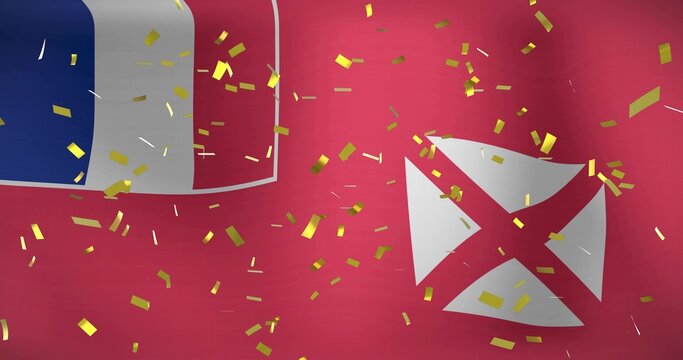 Drifting red flag with white fourpart emblem in studio, partial tricolor, gold confetti falling