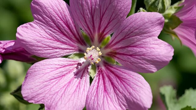 Closeup of a delicate pink mallow flower blooming in the garden.