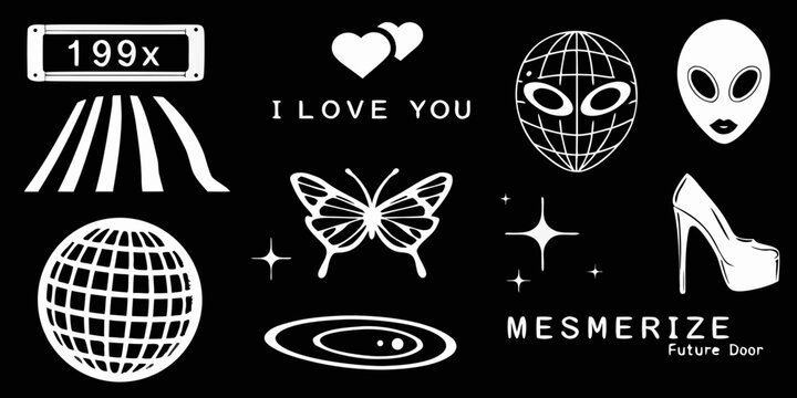 A collection of white graphic elements on a black background