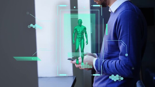 Man swiping phone activating AR holo and HUD before him, glancing window, refocusing to review body