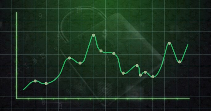 Showing neon-green line chart rising and dipping on green grid panel, pale markers and faint heart