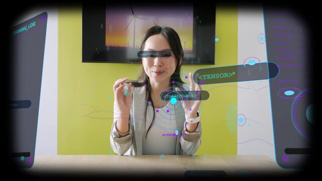 Woman holding stylus and activating AR manipulating TENSOR nodes anchored on torso demoing tech