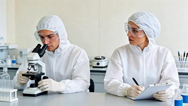 Scientists in protective suits working in lab
