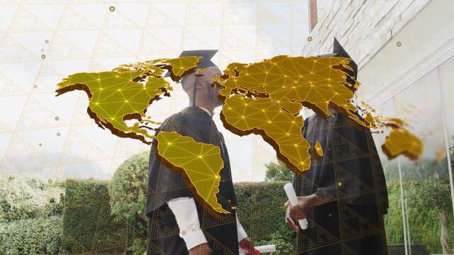 Man extending hand shaking woman exchanging diplomas hugging marking grad under golden map overlay
