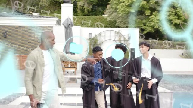 Mentor raising phone graduates posing at pool taking photos marking graduation while icons floating