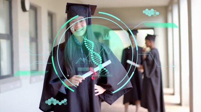 Grad posing in hall, teal DNA-helix HUD pulsing over face while camera zooming showing diploma