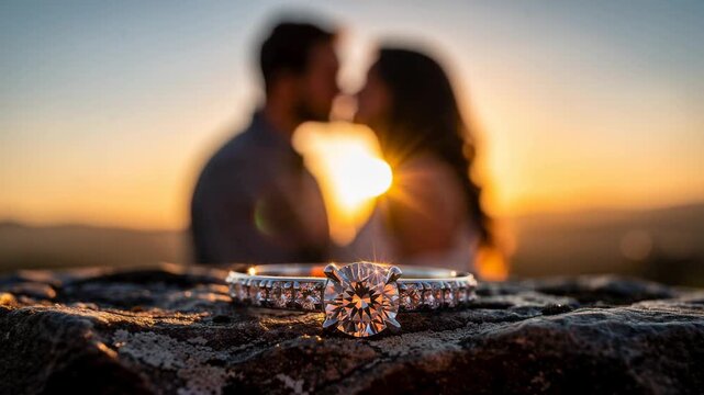 Romantic engagement ring close up with couple kissing in golden sunset background love and commitment