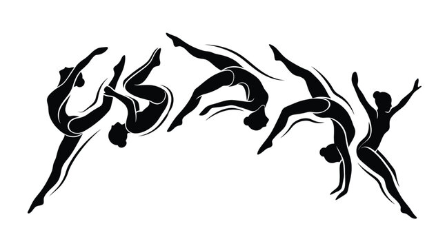 Set of silhouettes of a gymnast performing various acrobatic elements, artistic gymnastics, vector illustration