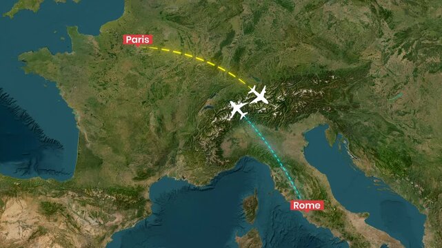 Airplane travel route animation moving between Paris and Rome map video footage