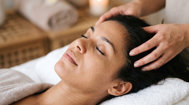Beautiful woman enjoying professional head and scalp massage in wellness center. Relaxing spa treatment for stress relief, mental health, and luxury self care experience.