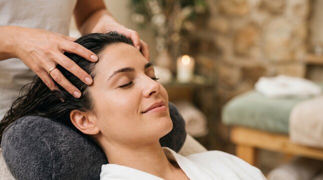 Smiling young woman enjoying relaxing scalp massage in beauty spa salon. Professional wellness procedure for health, relaxation and stress management with copy space.