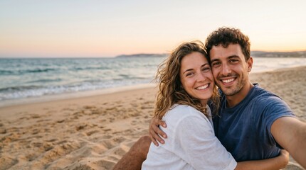 Obraz premium Joyful couple taking selfie on beach at sunset. Romantic travel, anniversary celebration and happiness concept. Beautiful man and woman hugging on sand during golden hour vacation.