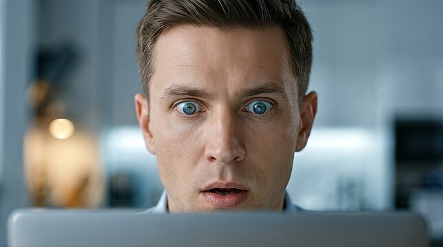 Close-up of a man staring at a laptop screen with a shocked expression.