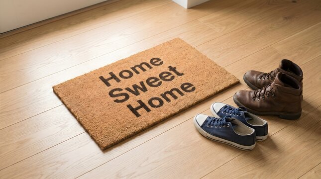 Home sweet home doormat with boots and sneakers on wooden floor