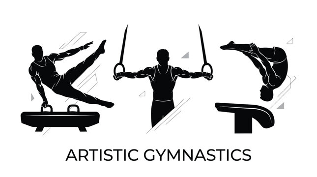 Artistic gymnastics set, male gymnasts performing exercises on pommel horse and rings, vector illustration