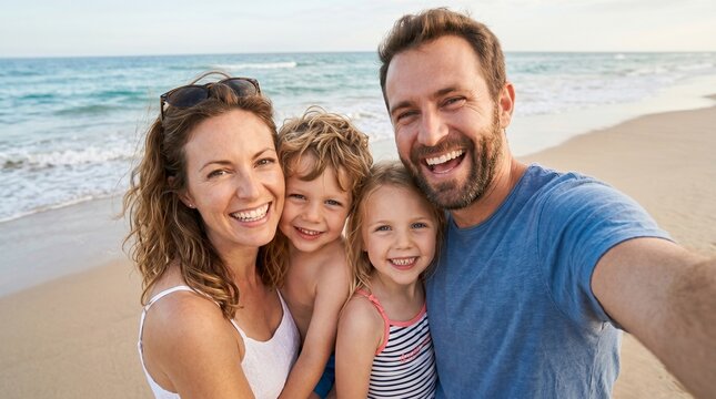 Happy family taking selfie on beach during summer vacation. Joyful parents with two young children smiling at camera by ocean. Fun weekend, domestic travel and childhood memories concept.