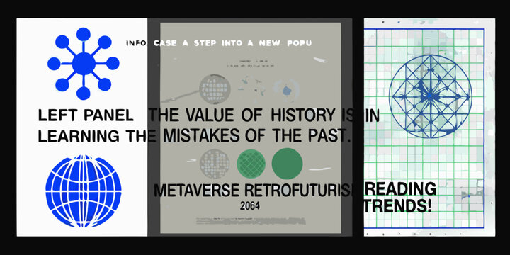 Triptych of digital art featuring geometric shapes and textual elements