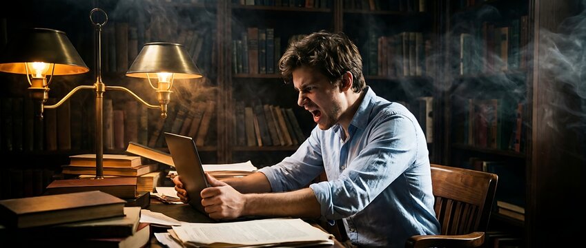 Frustrated student overwhelmed by studying in library late at night, struggling with laptop and books, showing anger and stress, smoke effect.