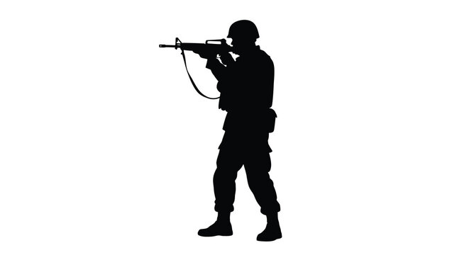 Silhouette of a soldier aiming a rifle against a white background