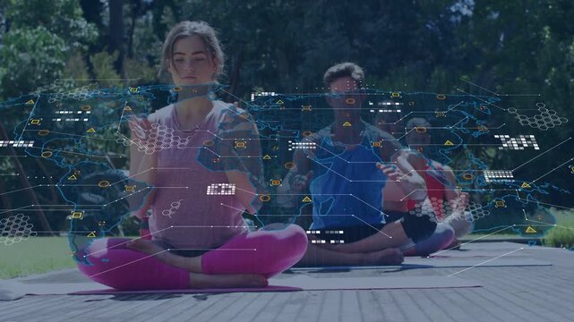 Front woman meditating on deck, opening palms for wellness and animating holo map into hex nodes