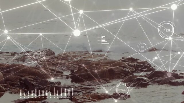 Upper nodes pulsing, overlay spreading across shoreline, forming mesh and gauges visualizing tide