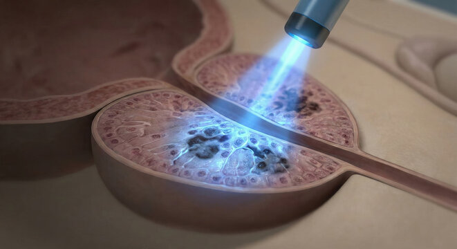 Prostate cancer treatment laser therapy medical illustration showing targeted ablation of tumor tissue in gland cross section
