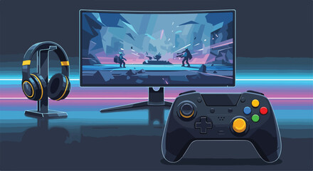 A colorful gaming setup with monitor, controller, and headphones © diana