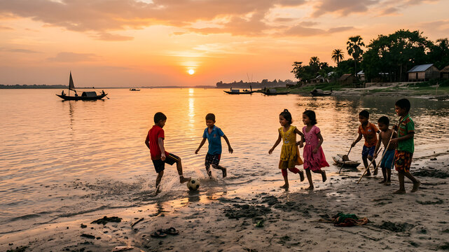Children playing on the banks of the Jamuna River during golden sunset