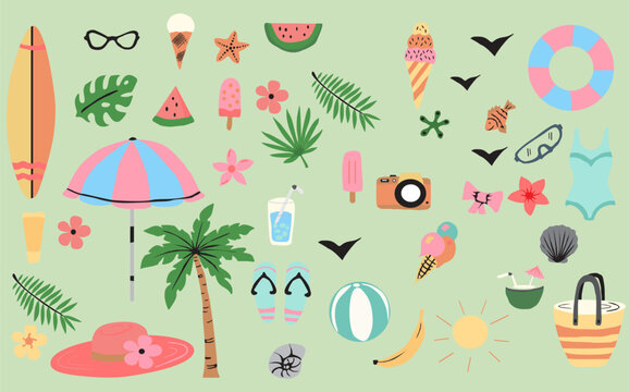 set of summer elements: sun, palm tree, beach umbrella, tropical flowers  summer time poster, card