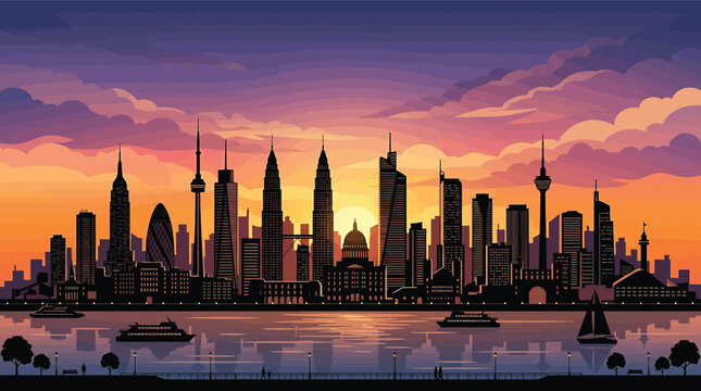 Panoramic city skyline silhouette at sunset, featuring iconic global architectural landmarks and skyscrapers reflected in a calm river, vibrant orange and purple gradient sky, vector illustration