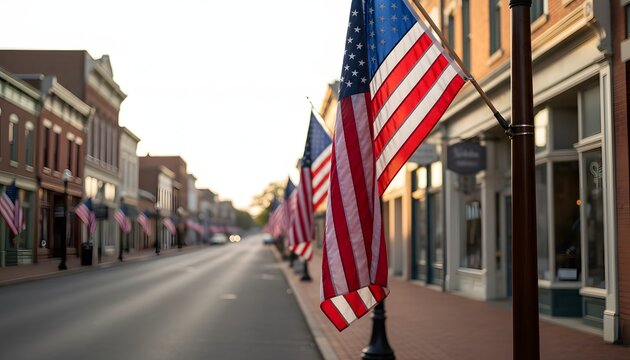 American flags line a quiet historic small town street for a memorial day parade celebration, representing national pride and patriotism for a holiday remembrance concept