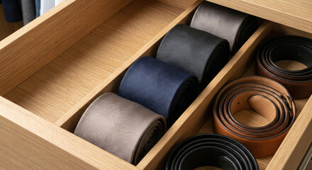 Fototapeta premium Tie belt drawer organizer wardrobe wood quiet luxury daily routine with neatly rolled tie and leather belt wood drawer organizer for wardrobe